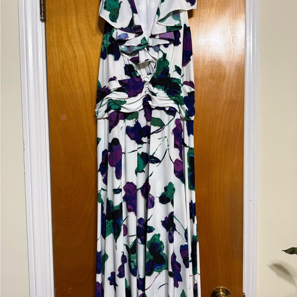 Evan Picone Floral Maxi Dress in White with Purple and Green